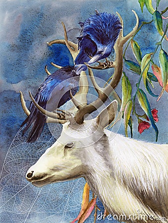 Watercolor picture of a deer with two ravens on itâ€™s antlers Stock Photo